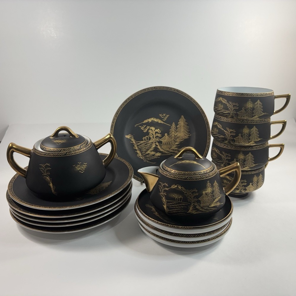 Antique Japanese Eggshell Porcelain Litjophane Tea Set Lot 15 Matte Black Gold